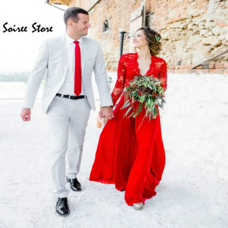 

Summer Red Beach Wedding Dresses Boho Sexy V Neck Lace Wedding Dress Long Sleeve Floor Length Chiffon Country Wedding Gowns 2020