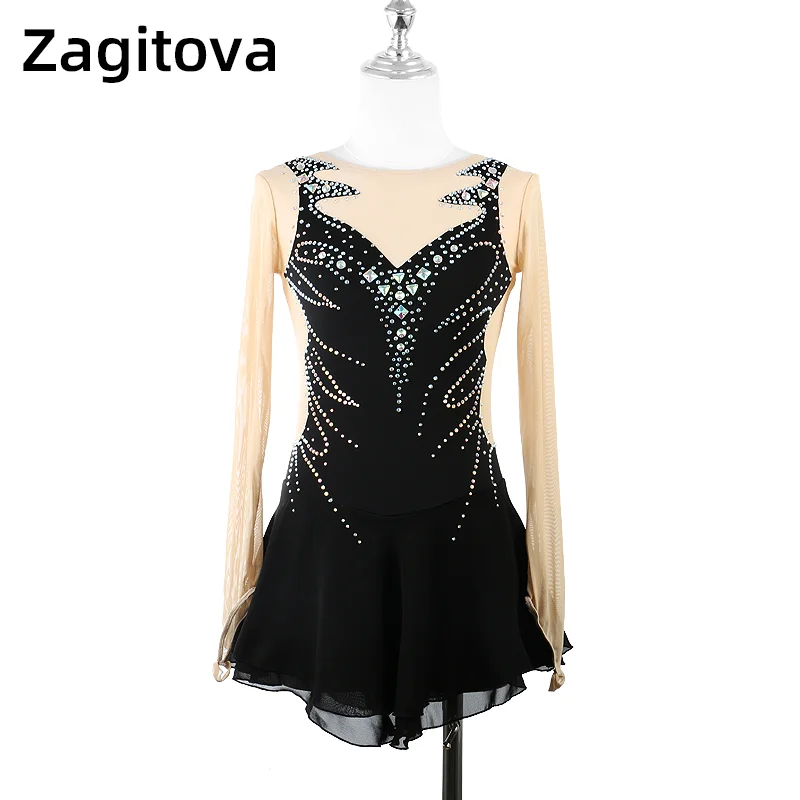 

ZAGITOVA Black Figure Skating Dress Long Sleeves Ice Skating Skirt Women's Girls Diamond Competition Mesh Skirt