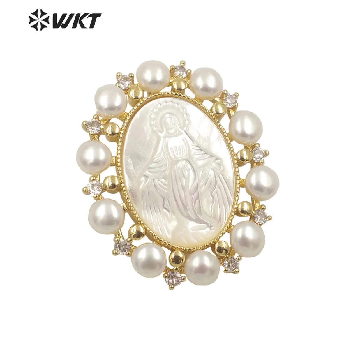 

WT-JP277 Charming Gold Bezel Natural White Pearl Micrpave Setting Christian Religious Shell Carved Pendant Decorated