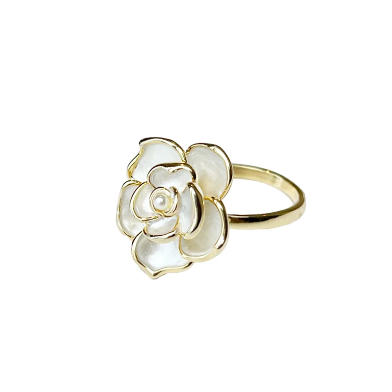 2023 New Elegant White Oil Dripping Camellia Rings For Woman Korean Fashion Flower Jewelry Party Girl\'s Sweet Rings Accessories
