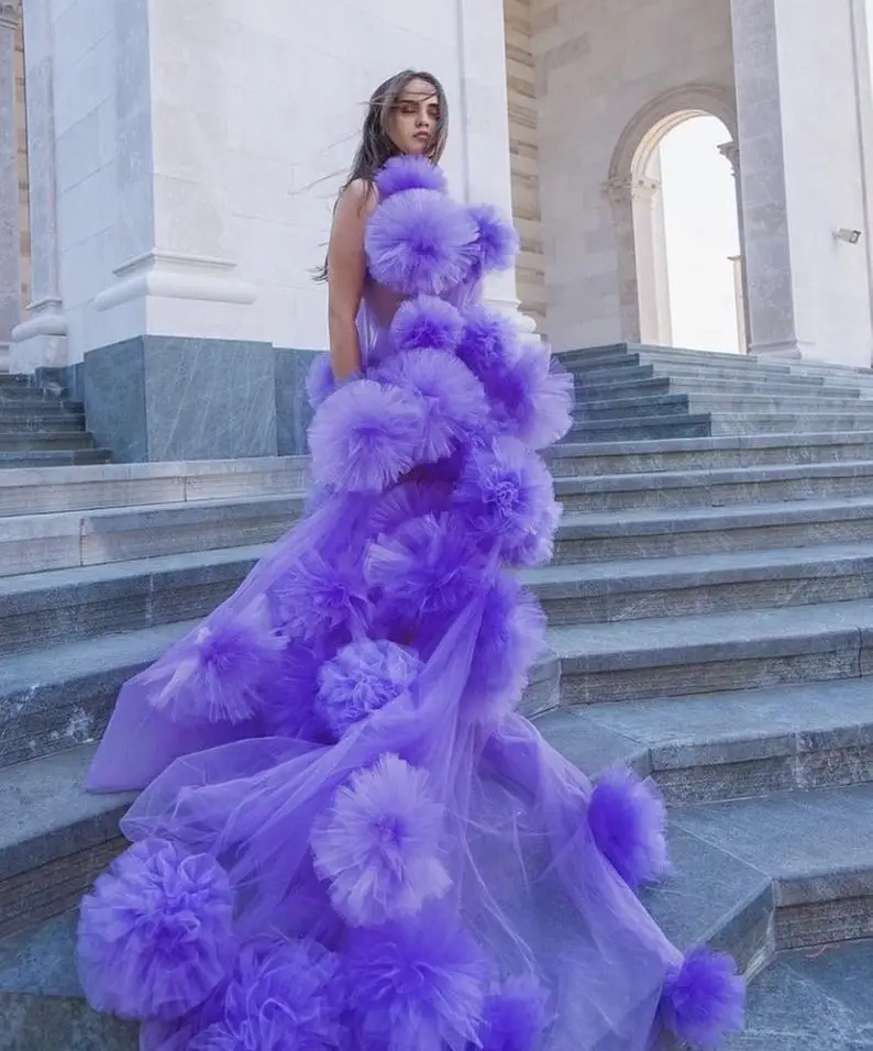 Purple Maternity Tulle Photo Shoot Robe Illusion Pregnant Woman Photography Tiered Ruffles Long Bridal Party Birthday Dress