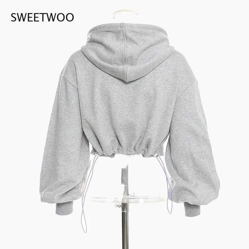 Hollow Out Gray Sweatshirt For Women Hooded Collar Long Sleeve Fake Two Casual Short Tops Female 2021 Fashion Fall