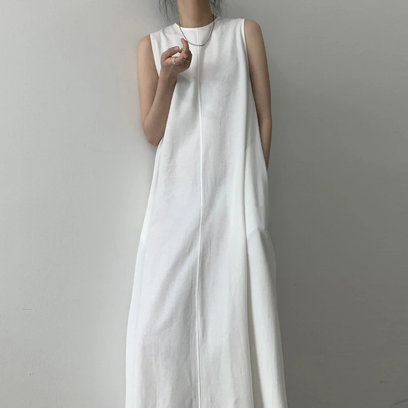 

Women's Spring Summer Fashion Designer Sleeveless Brief White Long Cotton Linen Dress Female Chic Casual Loose Dress TB700