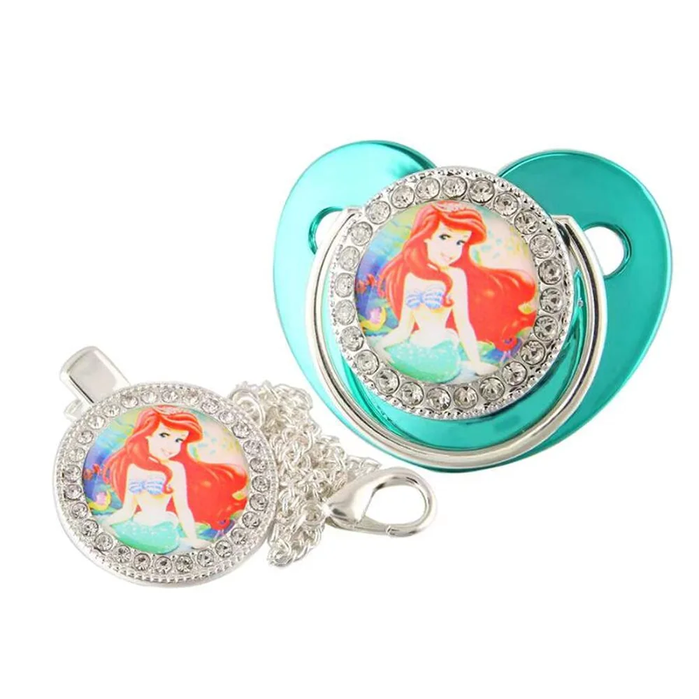 [1 Set] Little Mermaid Ariel Blue Rose Golden Bling Rhinestone Baby Dummy Orthodontic Silicone BPA Free Nipples Kids chupetero