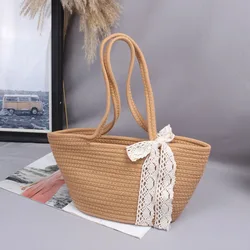 Straw Cotton Woven Bags Female Handbag Lace Bow Shoulder Bag Beach Vacation Lightweight Basket Style Top-handle