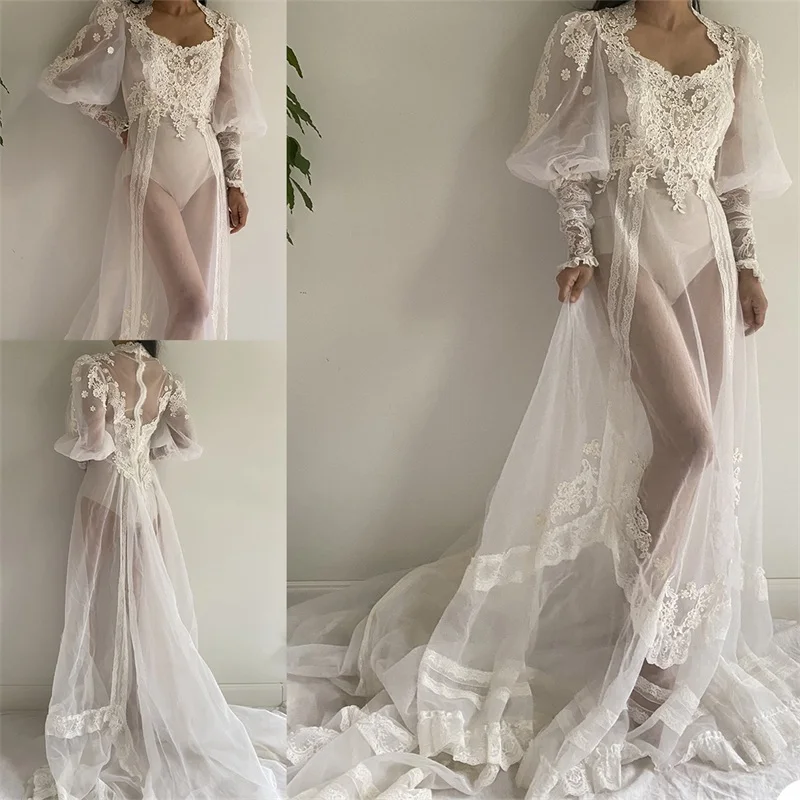 

White Lace Wedding Sleepwear Custom Made Pajamas Women's Bath Gown Bathrobe Long Sleeves Ruched Tulle Bridal Robe Nightgown