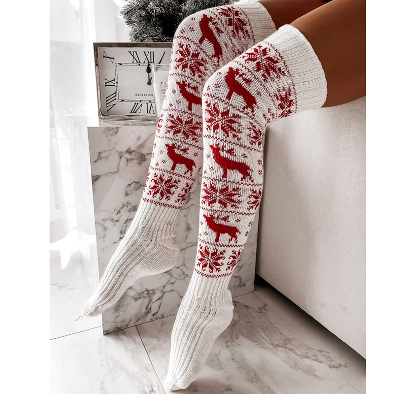 hirigin Fashion Women\'s Christmas Thigh High Socks Snowflake Print Knit Over The Knee Stockings for Fall Winter Warm Accessories