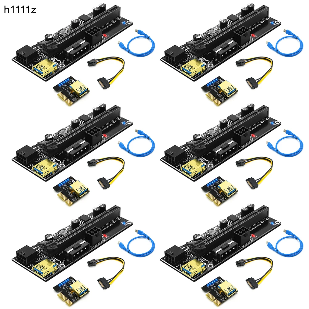 

6PCS PCIE Riser 009S VER009S Riser PCI Express 16X Adapter LED 1X Riser Card USB3.0 Cable SATA to 6P Power for Video Card Mining