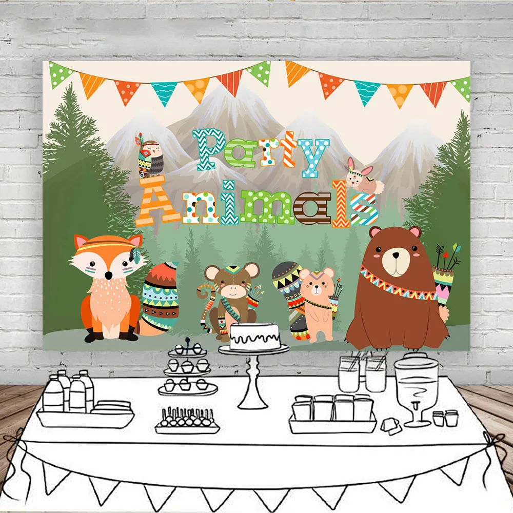 Party Animels Baby Shower Photography Background Mountains Birthday Party Backdrops Bear Fox Chipmunk Mouse Photobooth