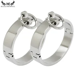 Polished stainless steel lockable slave wrist and ankle cuffs bondage restraints bracelet with removable O ring