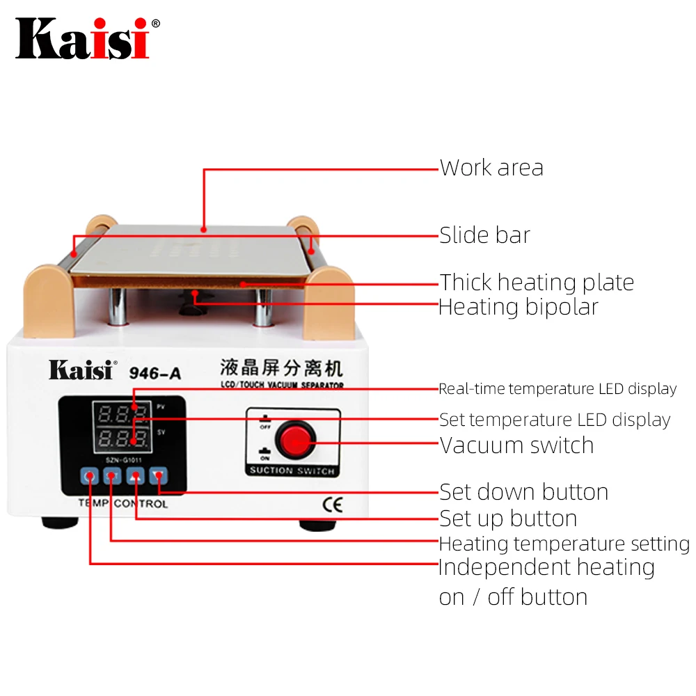 Kaisi 946A LCD 스크린 터치 스크린 분리기, 내장 펌프 진공 유리, 7 인치 LCD 분리기 기계 스크린 분해 수리 도구