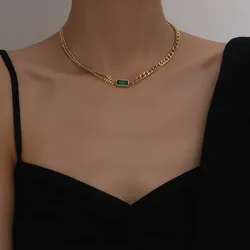 316LStainless Steel Fashion Fine necklace Minimalism Green Zircon Charms Thick Chain Choker Necklaces Pendants For Women Jewelry