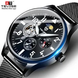 Montre Homme 2024 TEVISE Mens Watch Moon Phase Luminous Hands Waterproof Mesh Steel Automatic Mechanical Wristwatches Dropship