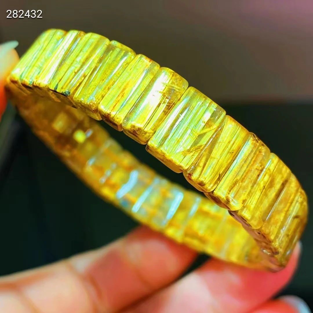 Genuine Natural Gold Rutilated Quartz Titanium Bracelet Bangle Rutilated 11.2x6.7x5.6mm Clear Rectangle Beads AAAAAAA