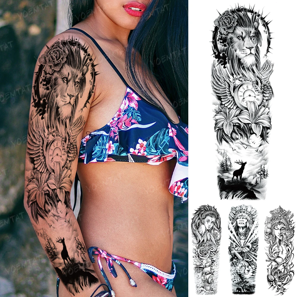 

Large Arm Sleeve Tattoo Lion Clock Wings Rose Lily Forest Waterproof Temporary Tatoo Sticker Tribe Body Art Fake Tatto Men Women