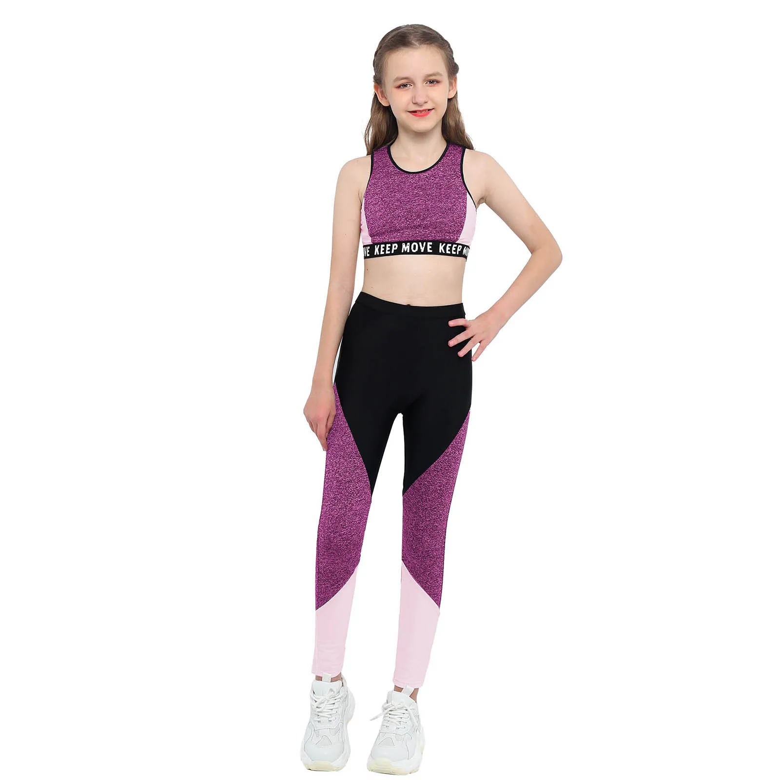 Kids Girls Sportswear Gymnastics Outfits Running Sports Suit Wide Shoulder Tops+Pants Clothes Set Girls Workout Activewear