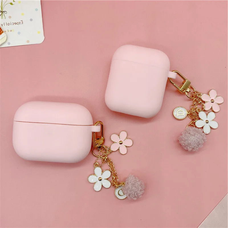 Korea Cute Letter Flower Hairball Keychain Pink Silicone Earphone Case For Apple Airpods 1 2 Pro 3 Bluetooth Headset Cover Sweet