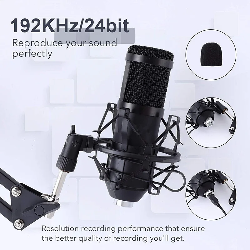 Podcast Condenser Microphone for Computer, Plug&Play Cardioid PC Microphone with 192kHz/24bit Professional Sound Chipset, Boom A