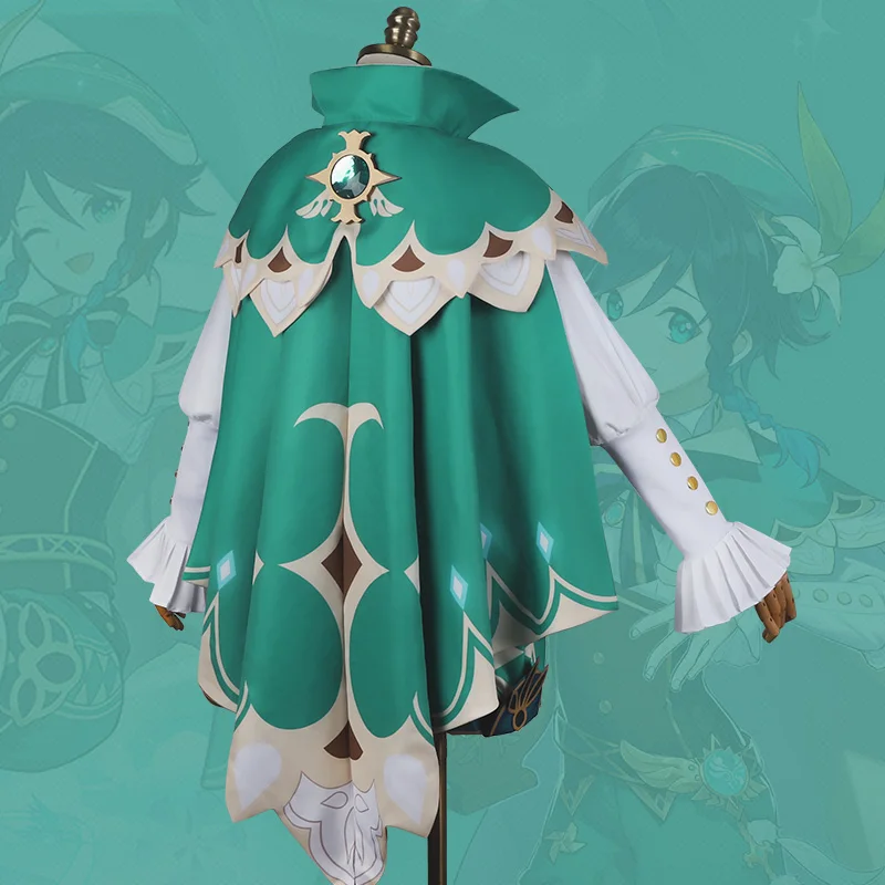 Anime Genshin Impact Venti Game Suit Green Lovely Uniform With Cloak Hat Cosplay Costume Halloween Outfit For Women Girls New 20