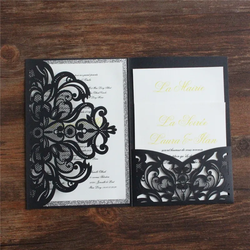 Black floral pocket wedding invitation suite elegant marriage wedding cards silver glitter border invite personalized printing