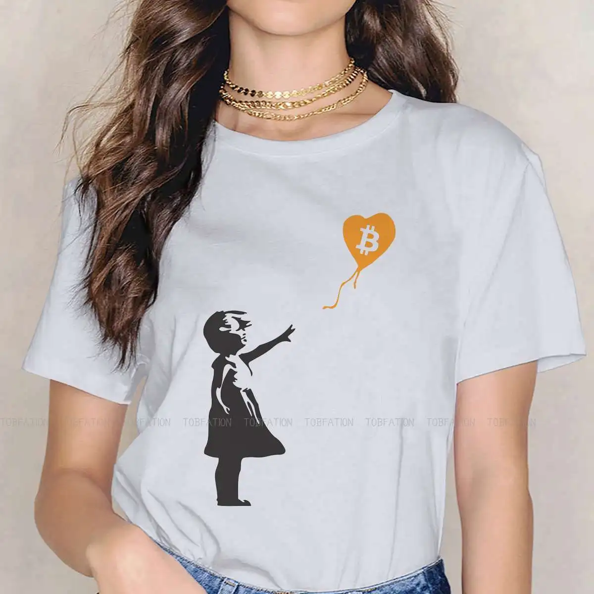 Balloon Girl O Collar TShirt Bitcoin BTC XBT Crytopcurrency Blockchain Fabric Original T Shirt Woman's Tops Individuality Plus