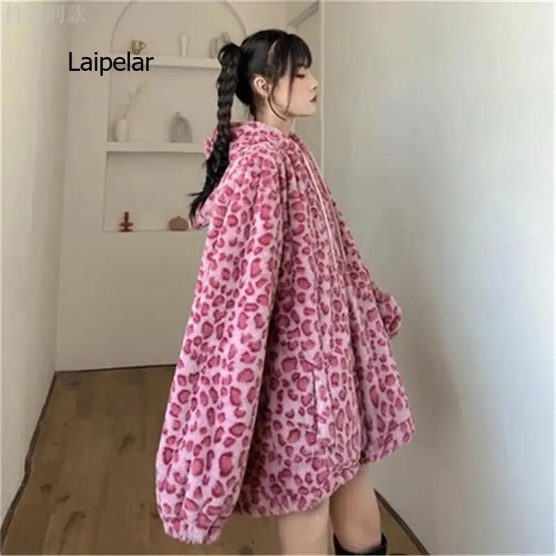 Autumn Winter Women\'s Fur Coats Leopard Think Warm Female Overcoats Loose Woman Hoodies Lady Outerwear Jackets