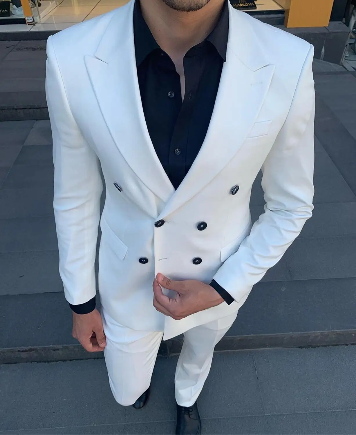 

Gentleman Double Breasted Peak Lapel Blazer 2 Pieces Mens Suit with Pants Formal White Beige Jacket For Wedding Groom Tuxedos