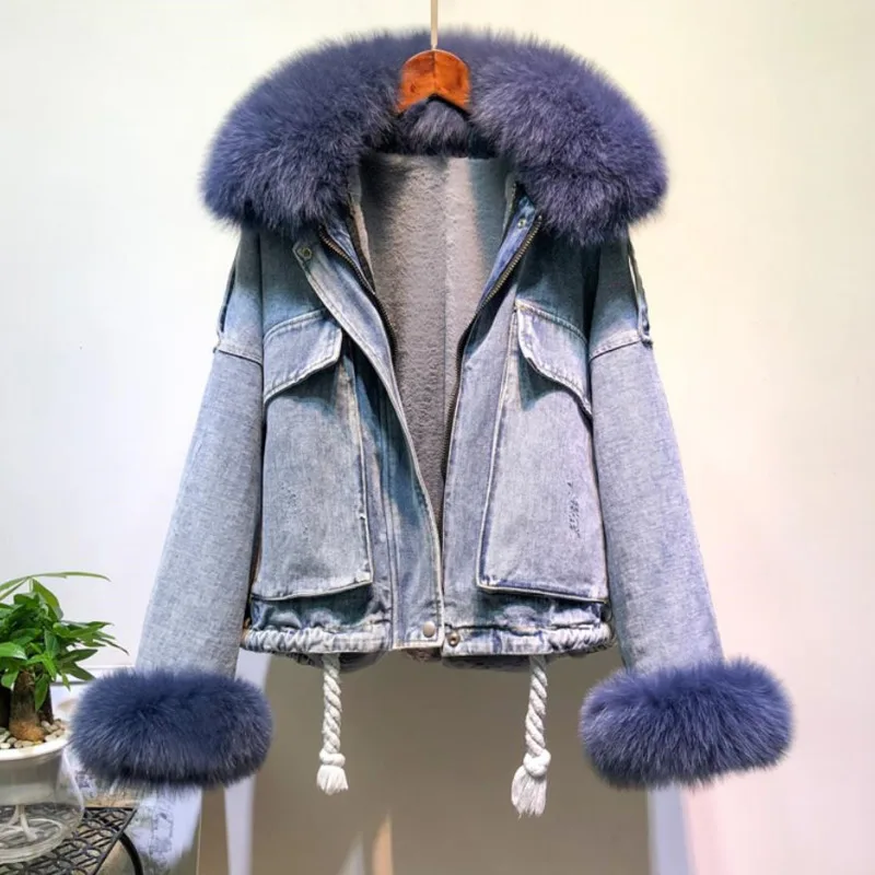 Imagem -03 - Inverno Moda Quente Denim Natural Cabolsa de Pele de Raposa Mais Real Coelho Forro de Cabelo Denim Jaqueta Feminina Beading Grosso Real Pele Outwear 2023