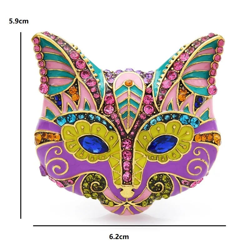 Wuli&baby Enamel Cat Face Fox Head Blue Crystal Eye Animal Big Brooch For Coat view 3