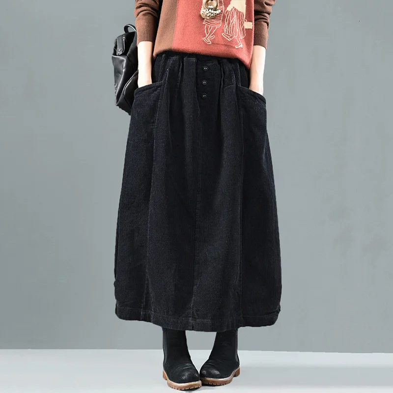 NINI WONDERLAND Autumn Winter Corduroy Skirt Women Vintage Midi Long Skirts Female Elastic Waist A-line Pleated Skirt Big Size