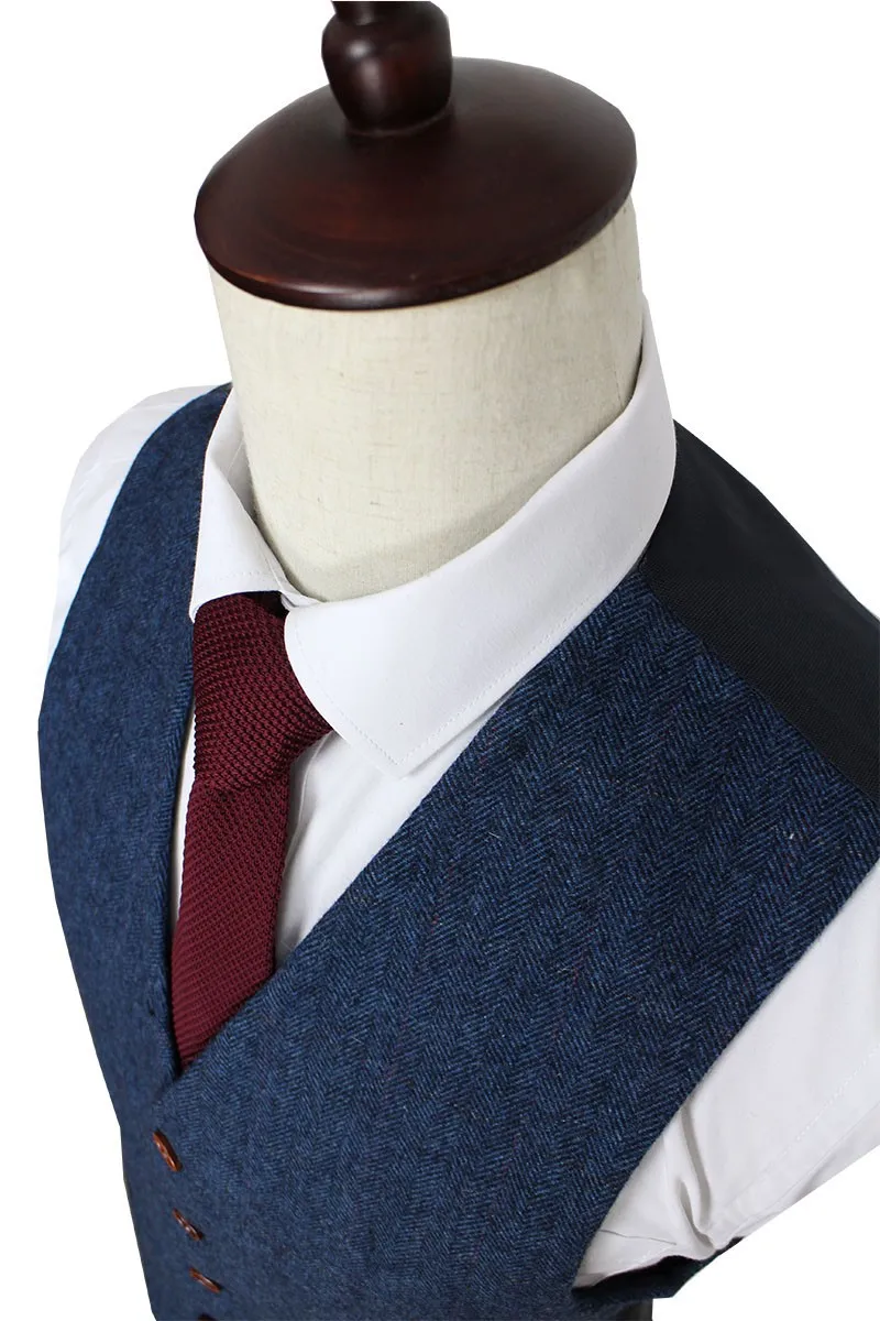 Trajes de Tweed de espiga azul de lana para hombre, traje de sastre, Blazer, 3 piezas (chaqueta + Pantalones + chaleco), disfraz para hombre