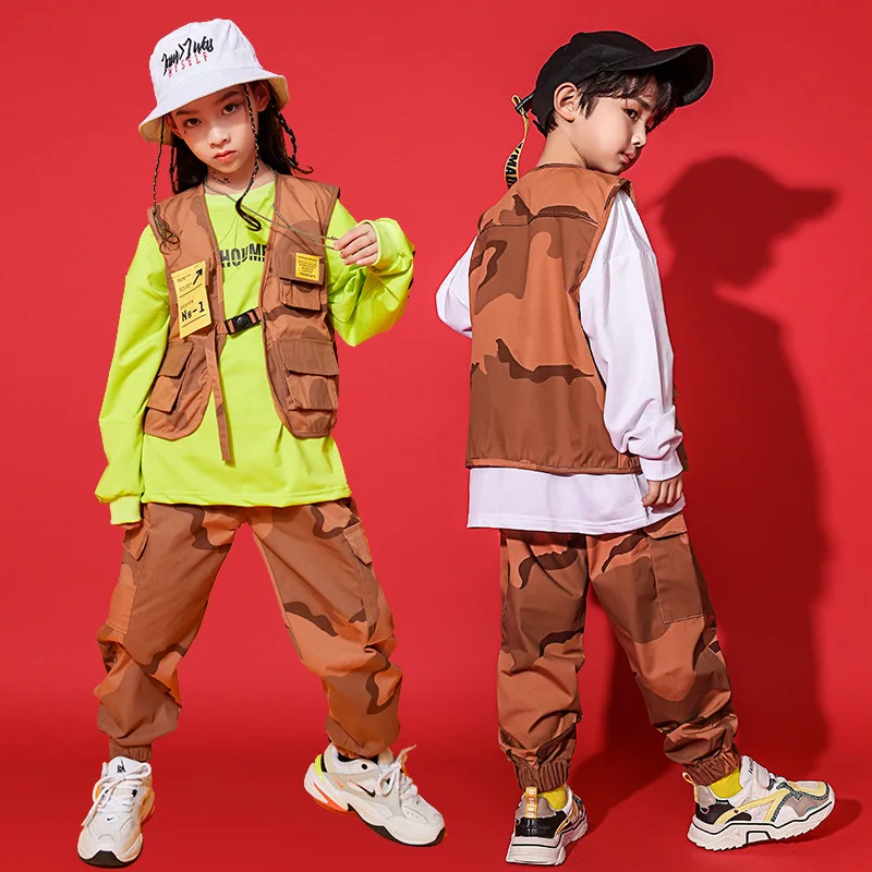 Kid Hip Hop Clothing Sweatshirt Camo Sleeveless Jacket Streetwear Tactical Cargo Pants for Girls Boys Jazz Dance Costume Clothes