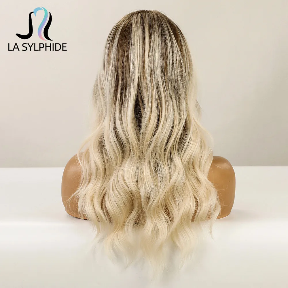 La Sylphide-peluca sintética con encaje frontal para mujer, pelo largo ondulado de raíz, marrón, Rubio degradado, parte media, cabello natural para diario