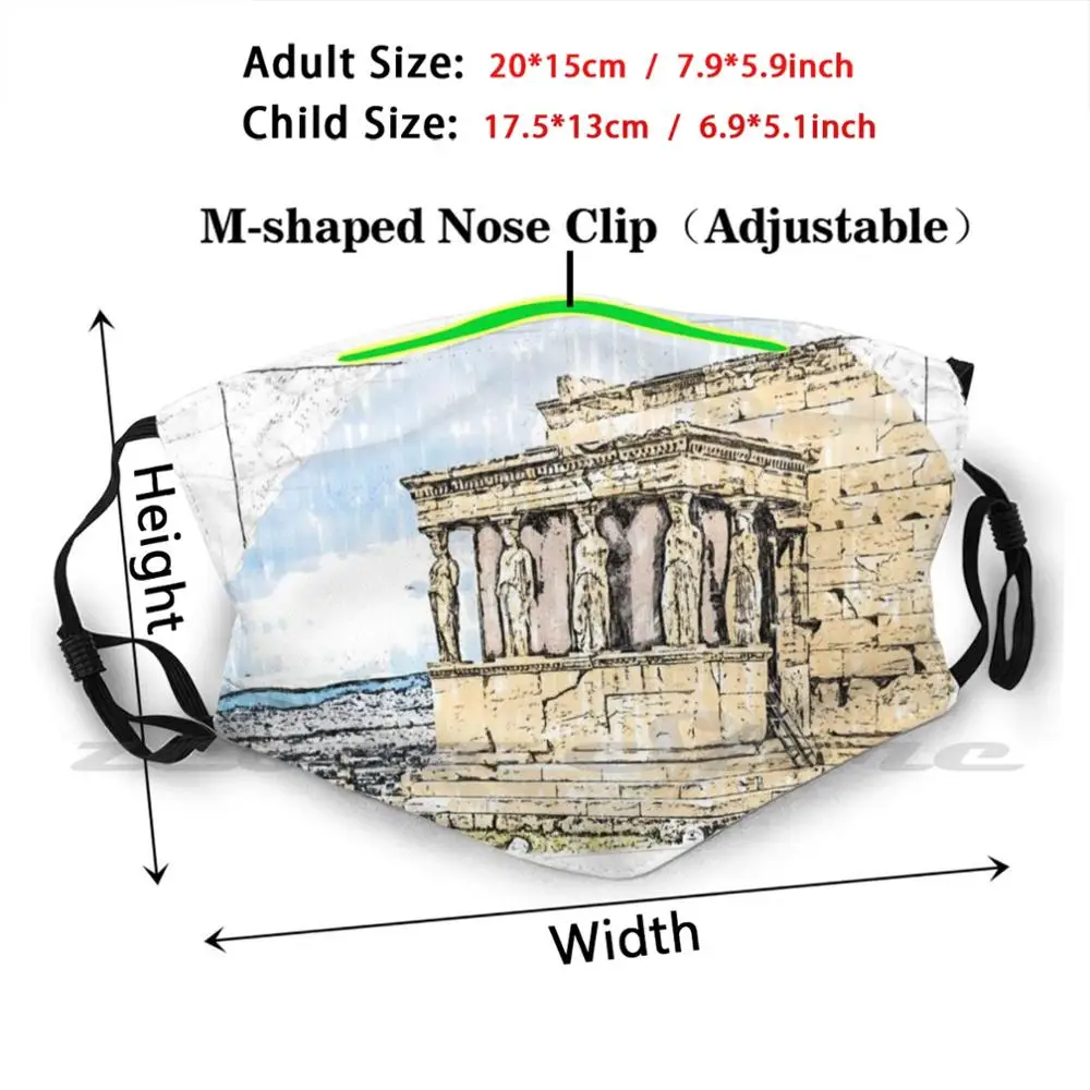 Esboço da aguarela de caryatids contra o céu dramático em atenas, grécia padrão personalizado lavável filtro pm2.5 adulto crianças máscara