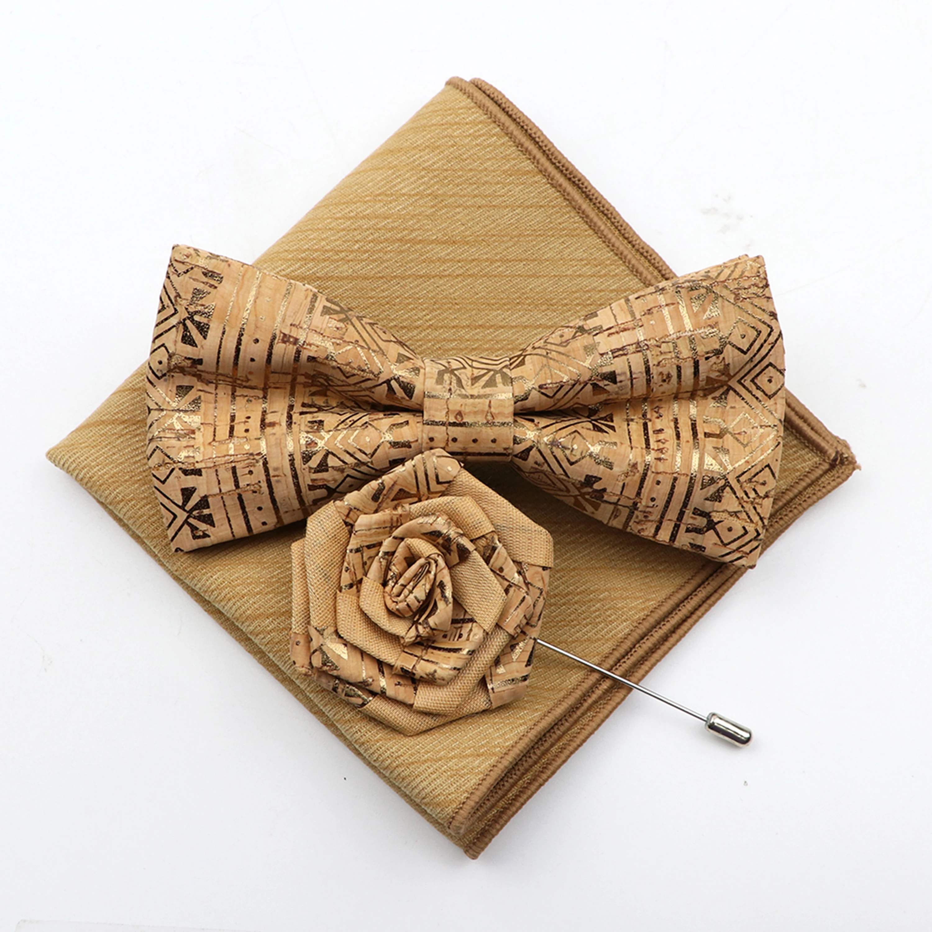 New Cork Wood Bow Tie Set Men\'s Novelty Handmade Floral Solid Color Bowtie Brooch For Groom Wedding Party Retro Suit Accessories