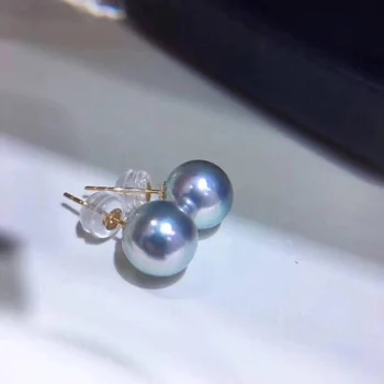 Fine jewelry 1102 pure 18K gold 1029 natural fresh water bluish gray pearl 7mm stud earrings for women beautiful pearl earrings