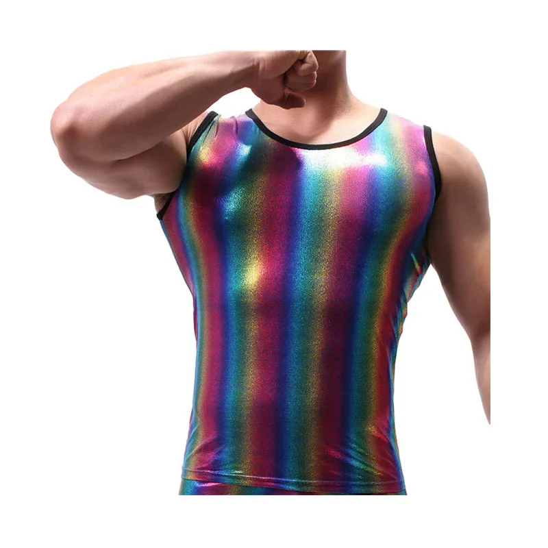 

Mens Undershirts Rainbow Striped PU Leather Sleeveless Tight Body Shapers Undershirt Party Clubwear Male Sexy Shirts