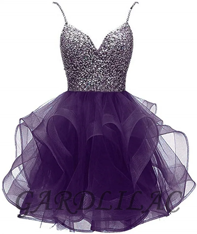 

Gardlilac 2021 New Spaghetti straps Organza Short Homecoming dress For Junior Crystal Prom Party Gowns Ruffles Graduation dress