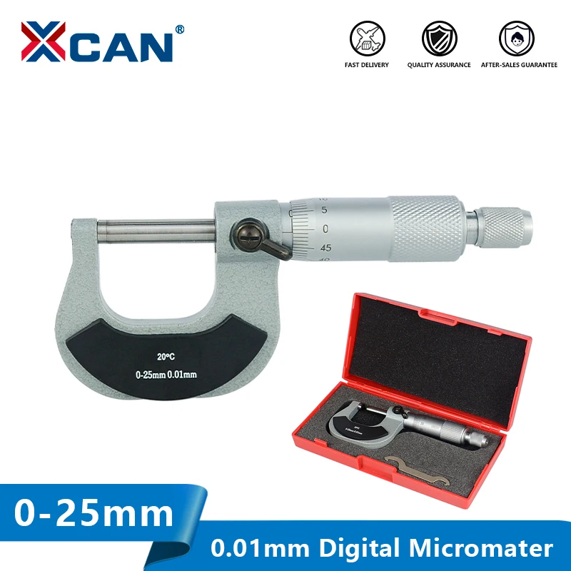 XCAN Caliper Micrometer 0-25mm 0.01mm Outerside Micrometer Metric Gauge Carbon Steel Measuring Caliper