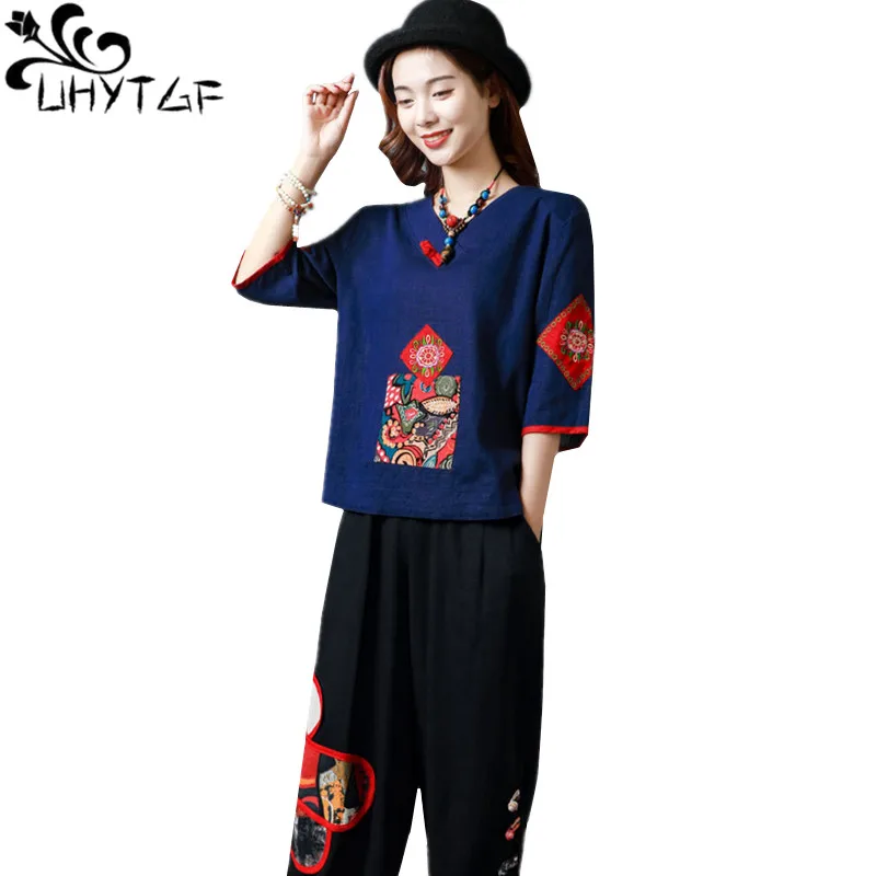 

UHYTGF Tracksuits Wives Fashion Embroidered Cotton And Linen Summer Two-Piece Set Womens National Style Thin Big Size Sets 1040