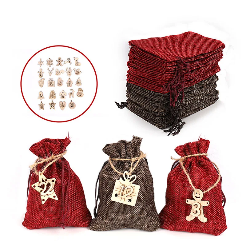 

2022 New Christmas Gift Bag 24PCS Set Linen Drawstring Wooden Sign Hanging Bag Christmas Gift Bag Party Wedding Jewelry Bag