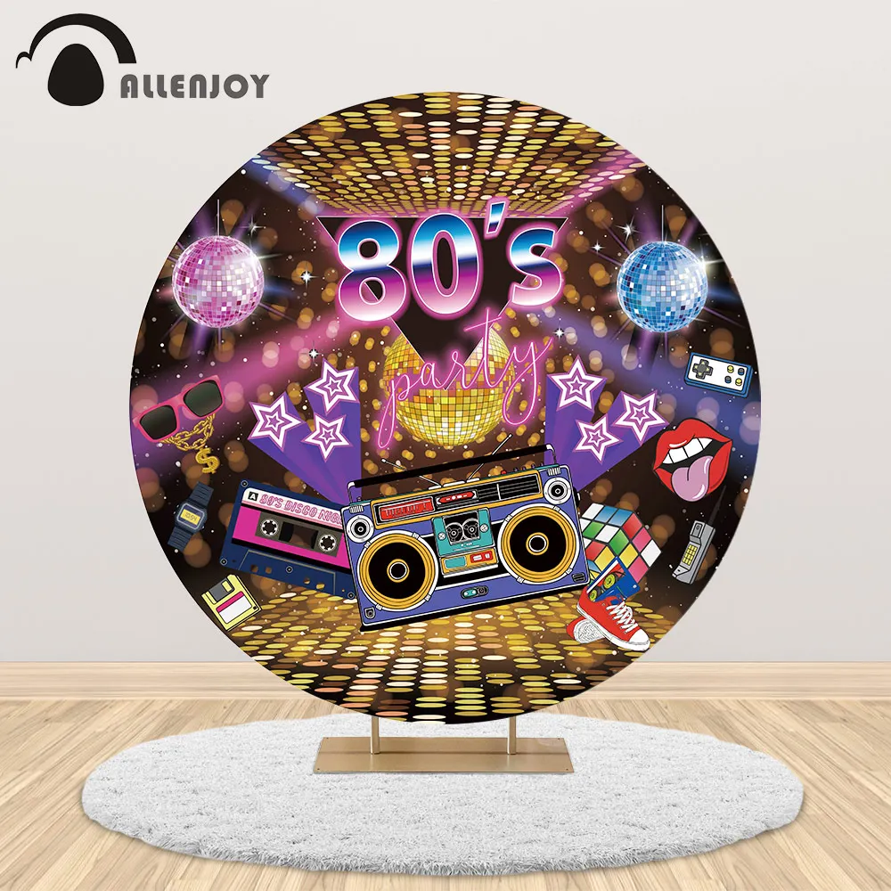 Allenjoy 80's Party Disco Round Circle Backdrop Covers Birthday Vintage Recorder Background Wallpaper Photobooth Decor Banner