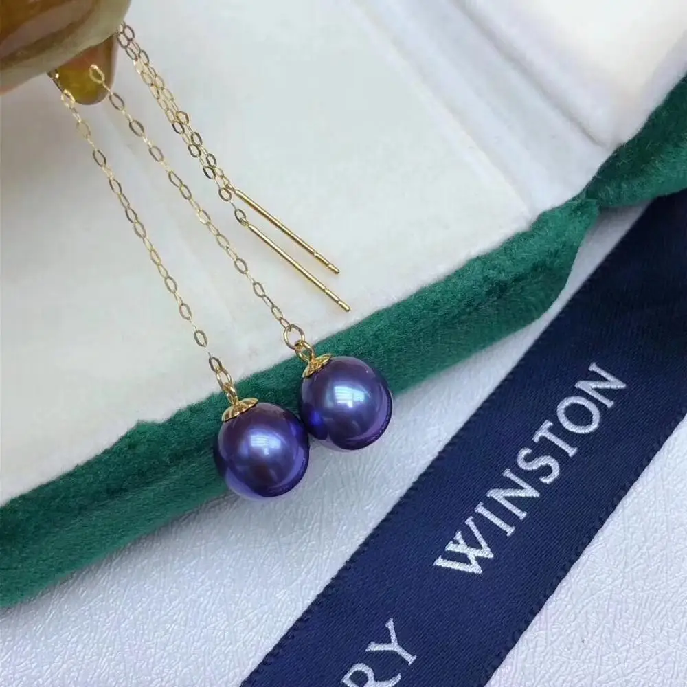 Fine Jewelry Pure 18 K Yellow Gold 10mm Natural 7-8mm Purple Round Pearl Earrings for Women Fine Pearl Earrings