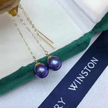 Fine jewelry pure 18K yellow gold 10mm natural 7-8mm purple round pearl earrings for women beautiful pearl earrings