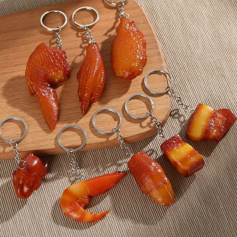 Creative Funny PVC Food Keychain Pig's Trotters Chicken Wings Soy-braised Pork Metal Keychain Key Ring Gifts