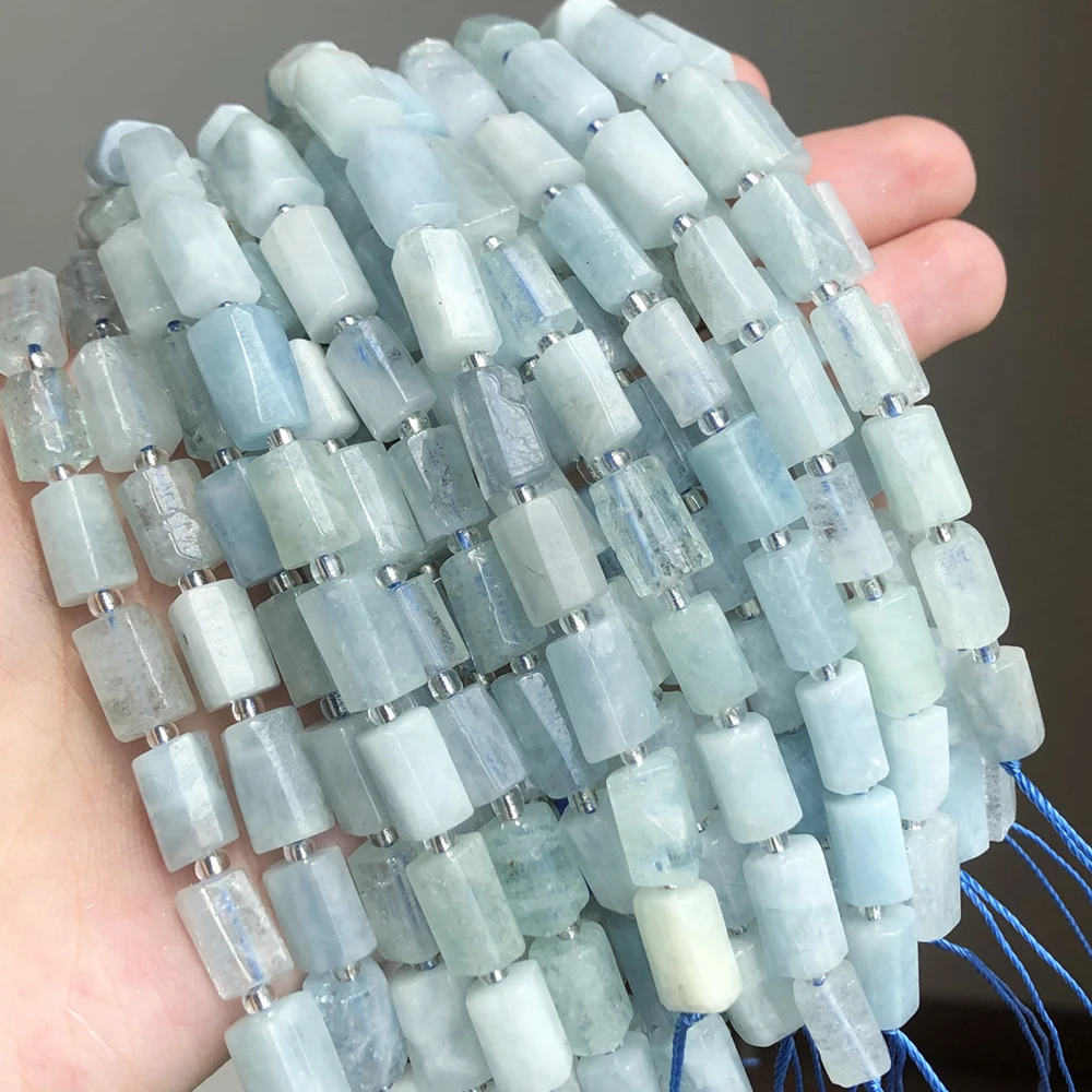 8x11mm Natural Cylinder Shape Faceted Blue Aquamarines Stone Beads For Jewelry Diy Making Bracelet Accessories 7.5inches