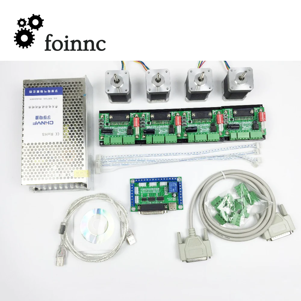 

CNC mach3 USB 4Axis Kit, 1pcs 5Axis Interface Board+4pcs Stepper Motor Driver+4pcs Nema17 Stepper Motor+1pcs 240W Power Supply