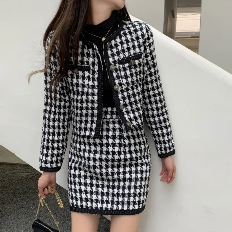 Two-piece Suit 2023 Spring Korean Style Lattice Long Sleeve Slim Sexy Coats Temperament Mini Skirt Fashion Sets Womens Clothing