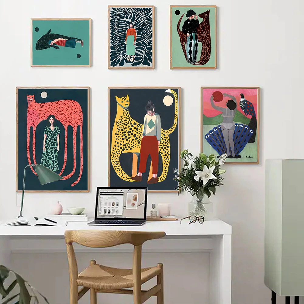 Nordic Posters Print Illustration Woman Fish Plants and Animal Jagua Wall Art Canvas Painting Picture For Living Room Home Decor