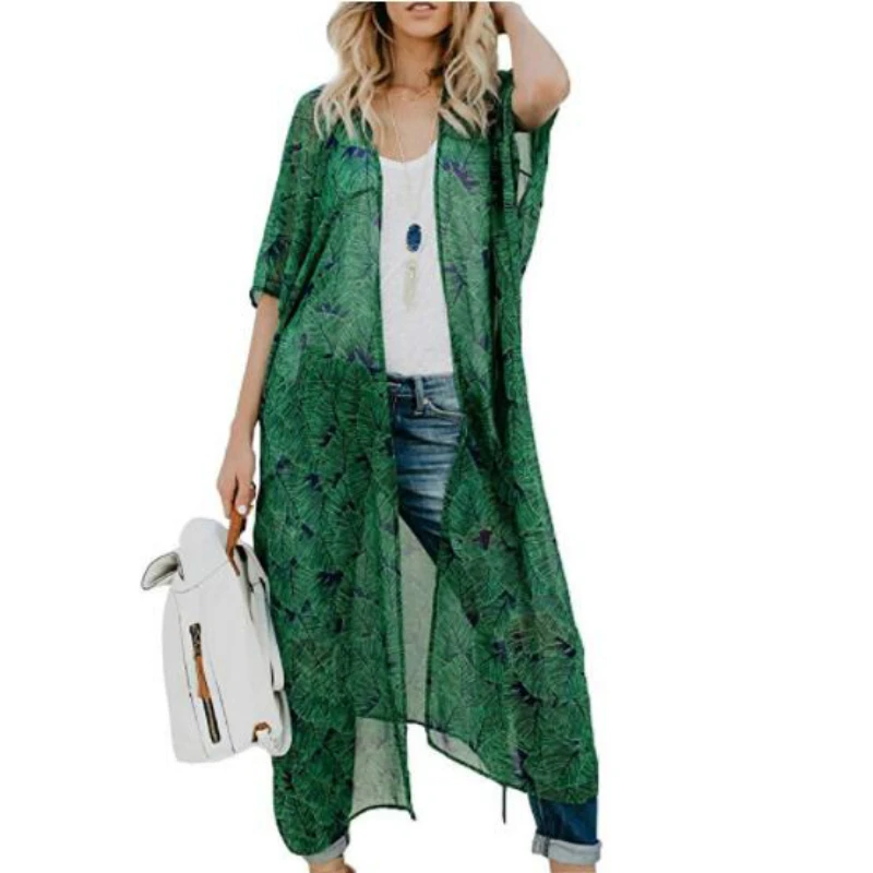 Women Chiffon Kimono Cardigan Sheer Leaves Printed Loose Long Kimono Ladies Beach Cover Up Tops Boho Blouses